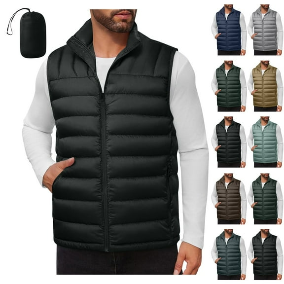 UVEASISHA Lightweight Packable Puffer Vest Men Full Zip Sleeveless Stand Collar Winter Coats Outdoor Windproof Insulated Quilted Vest for Hiking Travel Navy L