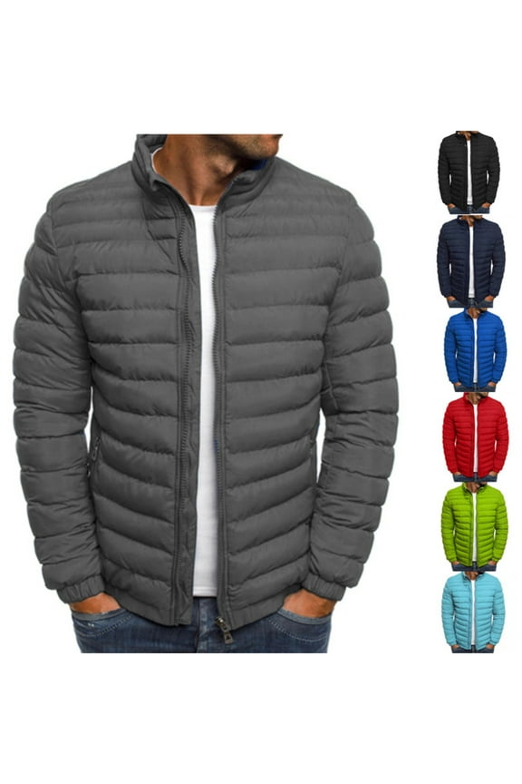 Lightweight Puffer Jacket for Men Fashion Full Zip Stand Collar Winter Coats Slim Fit Casual Windproof Insulated Quilted Jackets with Zipper Pockets Gray S