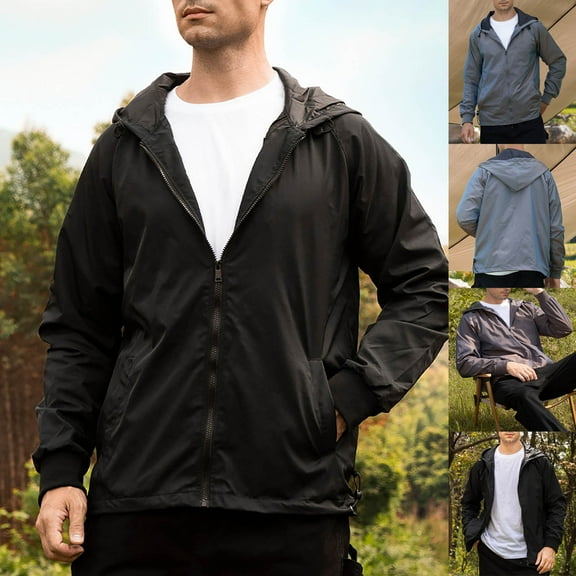 UVEASISHA Lightweight Rain Jackets for Men Waterproof Hiking Windbreaker Hooded Raincoat Outdoor Sun Protection Softshell Jacket with Pockets Black M
