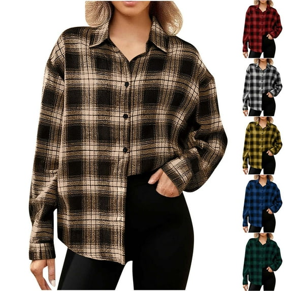 UVEASISHA Lightweight Shacket Women Long Sleeve Plaid Shirt Jackets Boyfriend Button Down Shirts Business Casual Loose Blouses Yellow XL