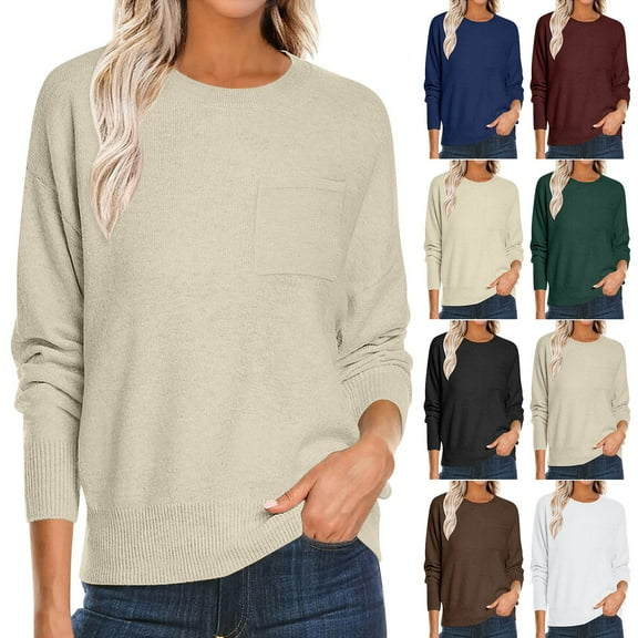 UVEASISHA Lightweight Sweaters for Women Knitting Cotton Tops Crewneck Long Sleeve Pocket Tees Soft Comfy Pullover Jumpers Yellow XL