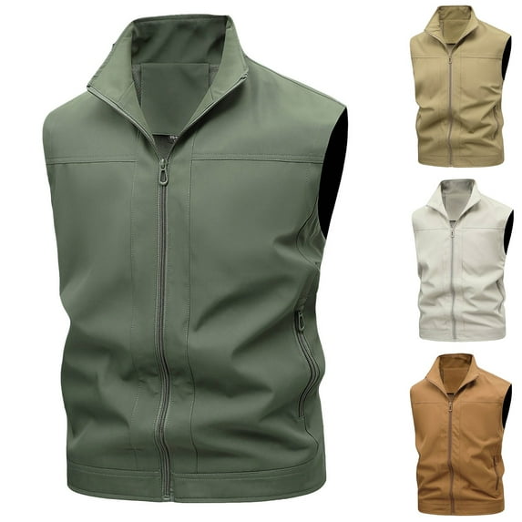 UVEASISHA Lightweight Work Vest for Men Sleeveless Stand Collar Cargo Vest Full Zip Casual Hiking Waistcoat with Zipper Pockets Khaki 3XL