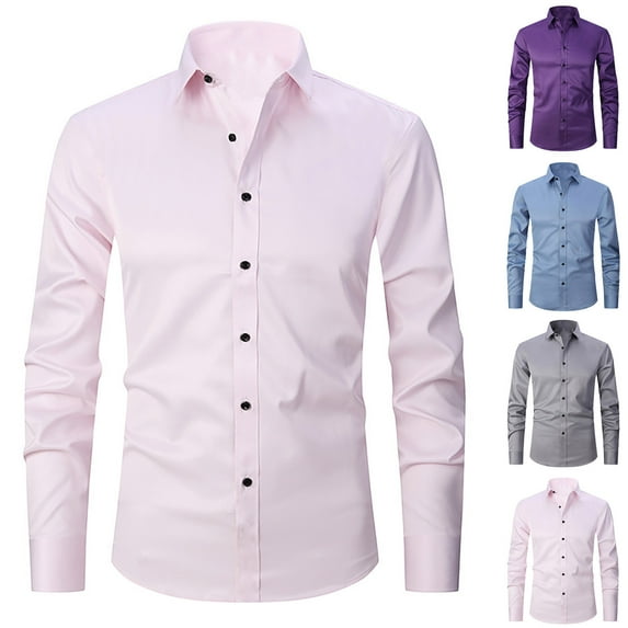 UVEASISHAFashion Dress Shirts for Men Business Casual Long Sleeve Button Down Shirt Solid Color Regular Fit Office Work Shirts Wrinkle Free Formal Shirt Pink XL