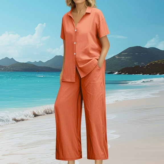 UVEASISHA Linen 2 Piece Sets for Women Short Sleeve Lapel Button Down Shirts and Wide Leg Pants Summer Casual Beach Vacation Outfits Orange XL