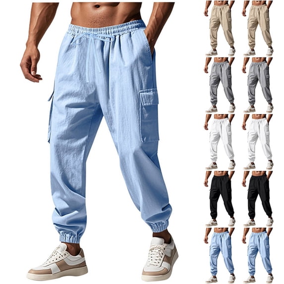 UVEASISHA Linen Cargo Pants for Men Loose Fit Casual Jogger Pants Multi Pocket Tapered Leg Trousers Elastic Waist Drawstring Sweatpants Light Blue 3XL