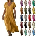 thumbnail image 1 of UVEASISHA Linen Casual Dresses for Women Flowy V Neck Short Sleeve Solid Maxi Dress 2025 Lightweight Comfy Beach Sundress Mint Green L, 1 of 6