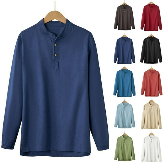 UVEASISHA Linen Henley Shirts for Men Big and Tall Stand Collar Button Up Shirt Side Slit Casual Regular Fit T-Shirt Solid Color Pullover Tops Black 4XL