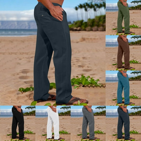 UVEASISHA Linen Pants Men Big and Tall Straight Leg Beach Pants Summer Solid Color Loose Casual Pants Elastic Waist Lounge Trousers with Pockets Navy XXL