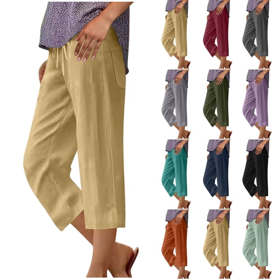 UVEASISHA Linen Pants for Women Drawstring Elastic Waist Wide Leg Capris Casual Loose Summer Cropped Pants with Pockets Mint Green M