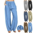 thumbnail image 1 of UVEASISHA Linen Pants for Women Solid Casual Palazzo Pants with Side Split Baggy Comfy Summer Lounge Pants Khaki M, 1 of 10
