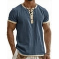 thumbnail image 1 of UVEASISHA Linen Shirts for Men Short Sleeve Henley Shirt Summer Casual Loose Fit Beach Shirts Lightweight Button Up Collarless T-Shirts Navy M, 1 of 5