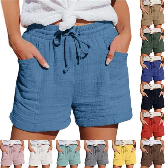 UVEASISHA Linen Shorts for Women Drawstirng Elastic Waist Shorts with Pockets Fashion Solid Wide Leg Short Pants Pink XXL