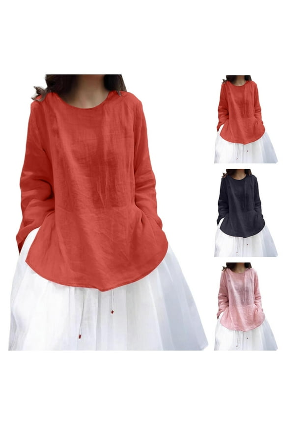 Linen Tops for Women Long Sleeve Thin Side Split T Shirt Oversized Casual Solid Tee Tops Pink XL