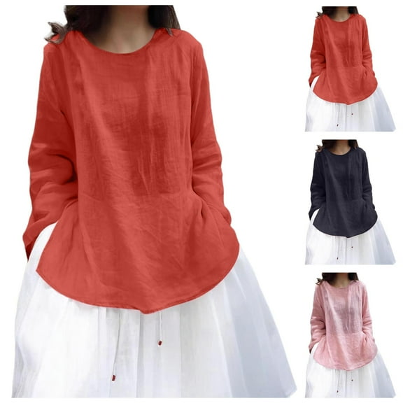 UVEASISHA Linen Tops for Women Long Sleeve Thin Side Split T Shirt Oversized Casual Solid Tee Tops Red L