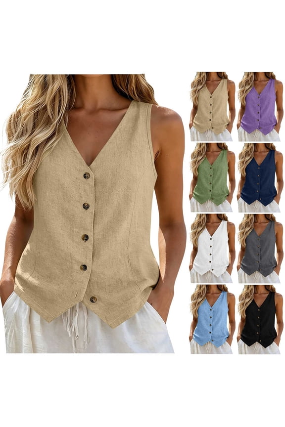Linen Vest for Women Summer V Neck Button Down Sleeveless Open Front Cardigans Fashion Fitted Waistcoat Jacket Black M