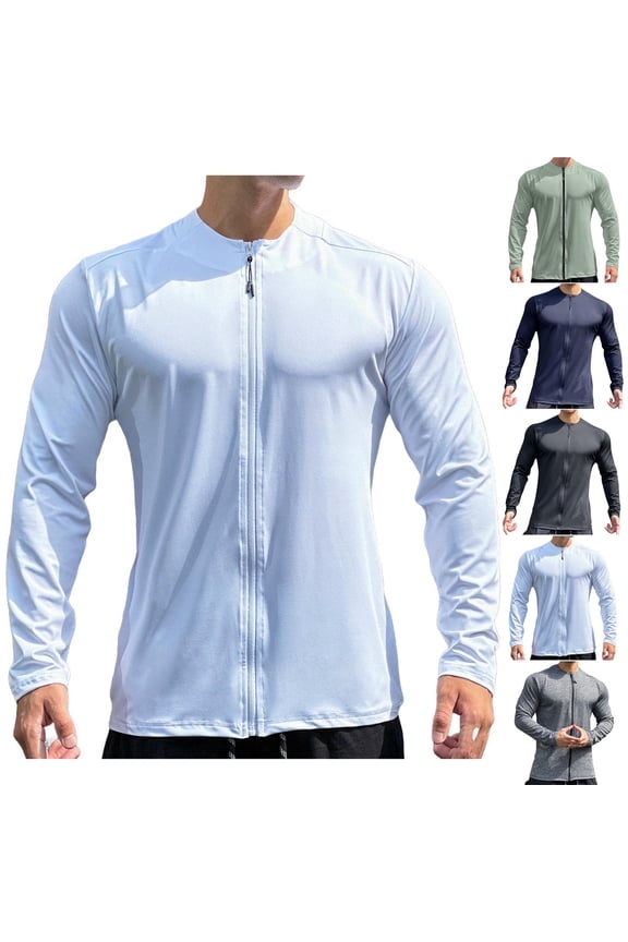 Long Sleeve Full Zip Shirts for Men Mock Neck Casual Sun Shirt Stretch Slim Fit Workout Shirts Solid Color Lightweight Jackets Gray L
