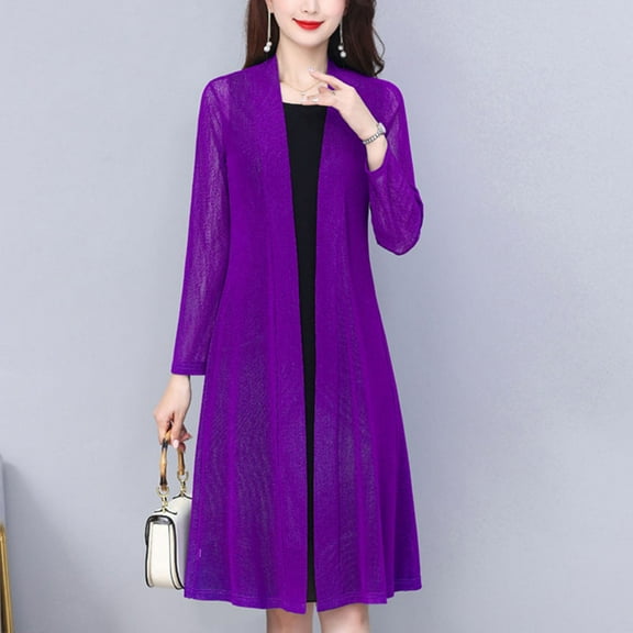 UVEASISHA Long Sleeve Open Front Cardigan for Women Lightweight Sheer Kimono Summer Cover Up See Through Mesh Cardigans Purple XXXXL