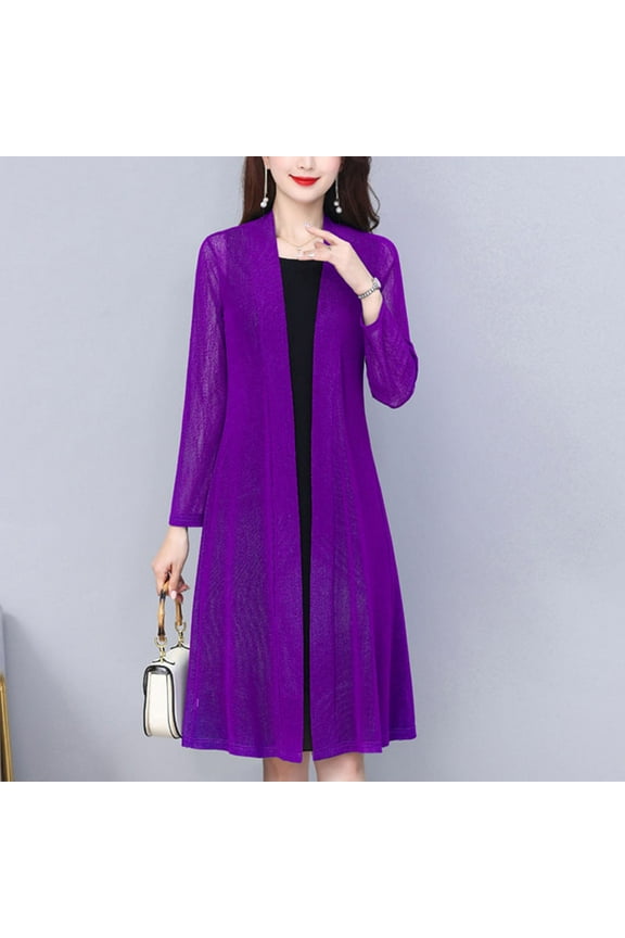 Long Sleeve Open Front Cardigan for Women Lightweight Sheer Kimono Summer Cover Up See Through Mesh Cardigans Purple XXXXL