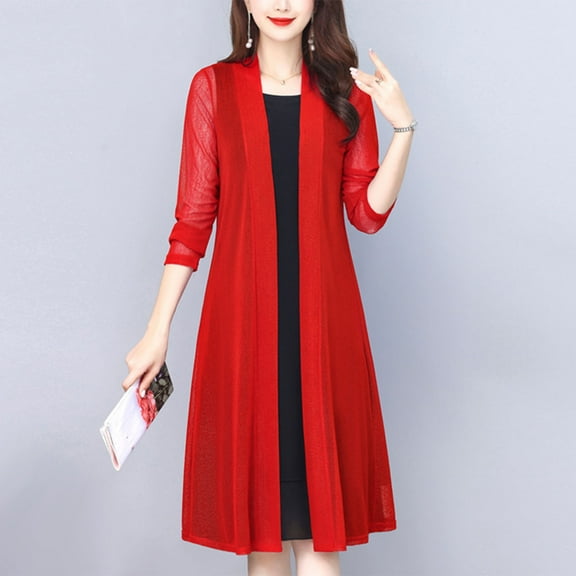 UVEASISHA Long Sleeve Open Front Cardigan for Women Lightweight Sheer Kimono Summer Cover Up See Through Mesh Cardigans Red XXXL