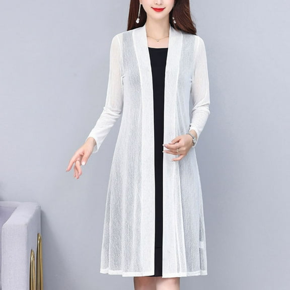 UVEASISHA Long Sleeve Open Front Cardigan for Women Lightweight Sheer Kimono Summer Cover Up See Through Mesh Cardigans White XXXXXL