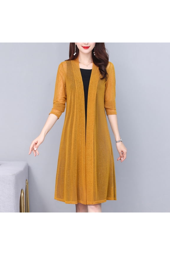 Long Sleeve Open Front Cardigan for Women Lightweight Sheer Kimono Summer Cover Up See Through Mesh Cardigans Yellow XXXXL