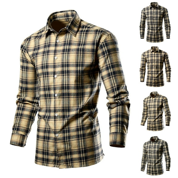 UVEASISHA Long Sleeve Plaid Shirts for Men Slim Fit Lapel Dress Shirt Fall Fashion Gingham Shirts Business Casual Work Shirt Tops Coffee L