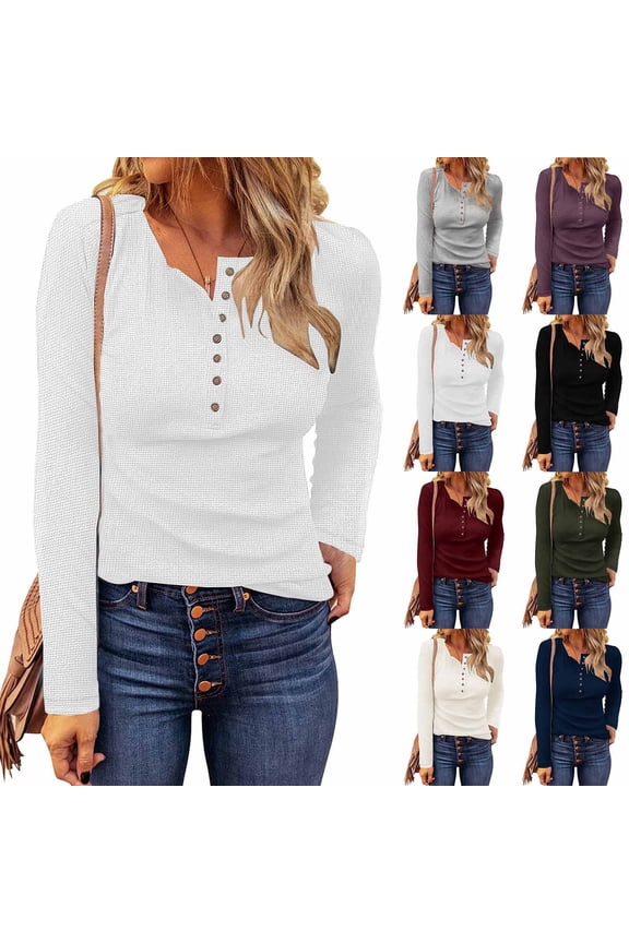 UVEASISHA Long Sleeve Shirts for Women Waffle Knit Henley Tops Loose Fit V-Neck Button Up Tunic Blouses Army Green XL