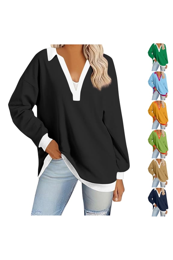 Long Sleeve Sweatshirt for Women Lapel Casual Pullover Shirts Lightweight Loose Fit Sweatshirts 2025 Womens Fashion Plus Size V Neck Tops On Sale,Army Green,L