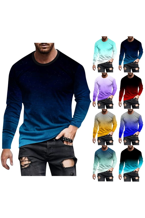 Long Sleeve T-Shirts for Men Gradient Color Casual Crewneck Pullover Tops Casual Hipster T Shirt Big and Tall Gym Workout Muscle Tees Sales Today Clearance