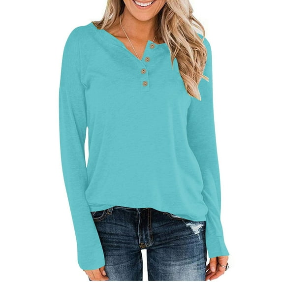 UVEASISHA Long Sleeve Tops for Women Loose Fit Henley Shirt Solid Basic Tee Shirt Casual Fall Clothes Blue S