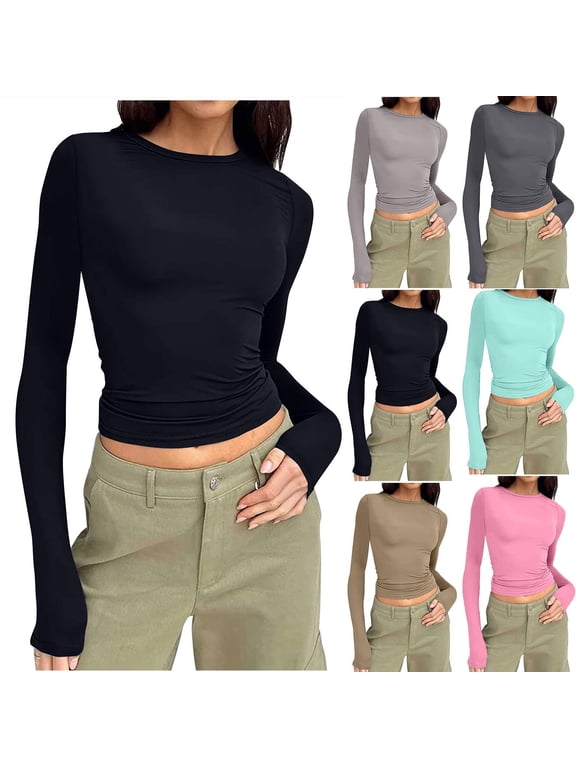 Long Sleeve Tops for Women Slim Fit Casual Yoga Tee Tops Lightweight Stretch Fall Clothes Dark Gray XS