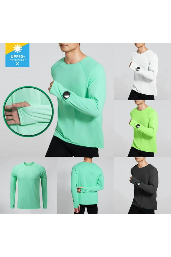 Long Sleeve Tshirt for Men Sun Protection Shirt with Thumb Hole Casual Outdoor Hiking Tee Tops White XL