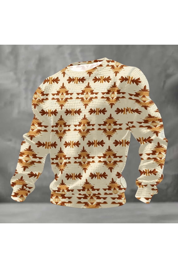 Long Sleeve Waffle Knit Shirts for Men Western Aztec Print Crewneck Pullovers Big and Tall Lightweight Sweatshirt Loose Casual T-Shirts Multicolor S
