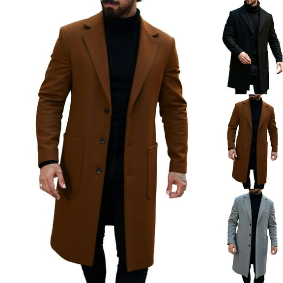 UVEASISHA Long Trench Coat for Men Single Breasted Notched Collar Overcoat Winter Warm Wool Blend Peacoats Business Casual Windbreaker Jacket with Pockets Gray XXL