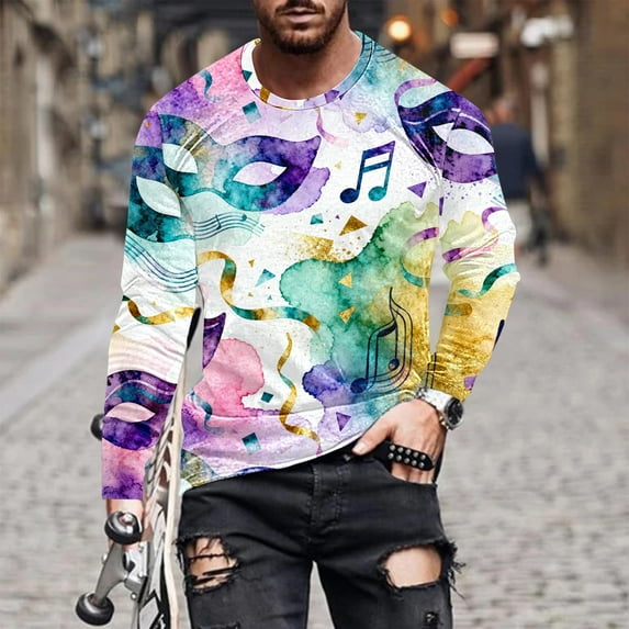 UVEASISHA Mardi Gras Graphic T Shirts for Men Big and Tall Long Sleeve Workout Shirt Vintage Mask Print Muscle Tshirt Slim Fit Crewneck Pullover Tees Pink M