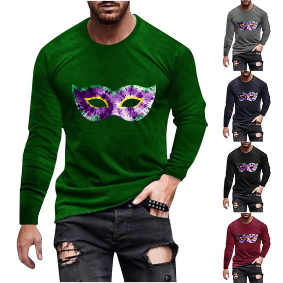 UVEASISHA Mardi Gras Long Sleeve Shirt for Men Trendy Mask Print Carnival T-Shirts Big and Tall Casual Slim Fit Workout Shirts New Orleans Crewneck Graphic Tees Black 4XL