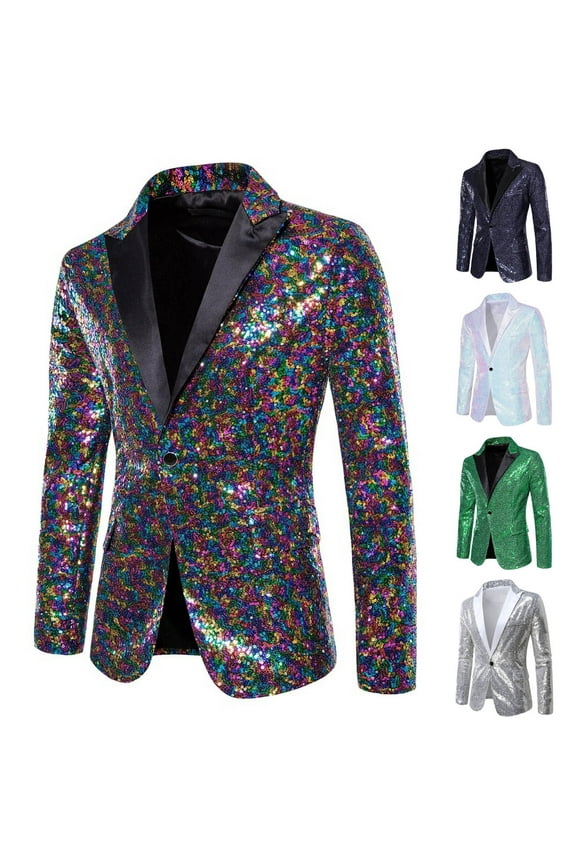 Men Dress Jackets Blazers Wedding Tuxedo Colorful Sequin Printed One Button Tunic Jacket for Dinner Prom Party,Silver,S