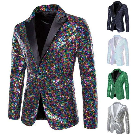 UVEASISHA Men Dress Jackets Blazers Wedding Tuxedo Colorful Sequin Printed One Button Tunic Jacket for Dinner Prom Party Holiday Sales,Navy,S