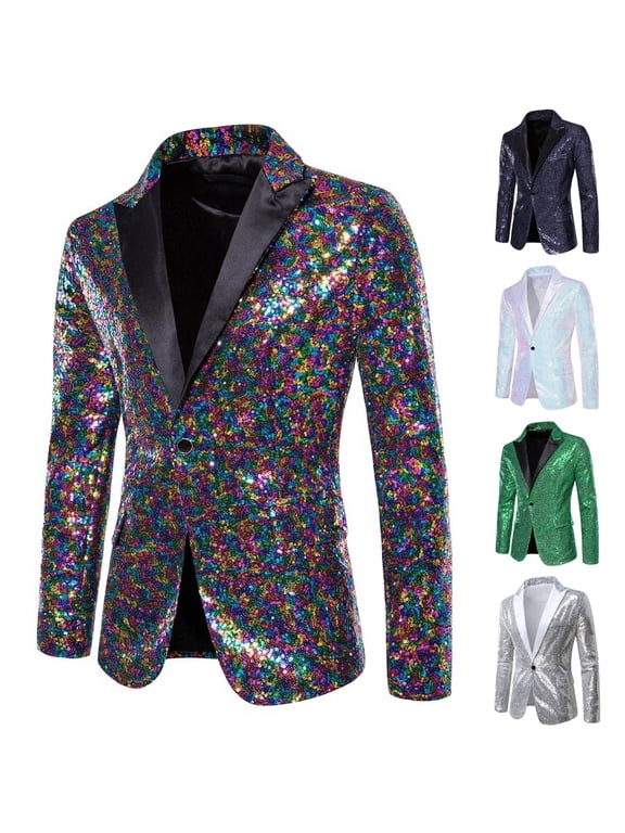 Men Dress Jackets Blazers Wedding Tuxedo Colorful Sequin Printed One Button Tunic Jacket for Dinner Prom Party On Sale,White,L