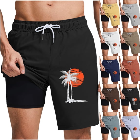 UVEASISHA Men Fashion Vacation Shorts Sunset Coconut Tree Print 2-In-1 Swim Trunks Elastic Drawstring Quick Dry Beach Shorts with Compression Liner Purple 3XL