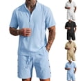 thumbnail image 1 of UVEASISHA Men Linen Outfit 2 Piece Sets Short Sleeve Henley Shirt and Shorts Set Solid Color Casual Beach Vacation Outfits with Pockets Sky Blue L, 1 of 6