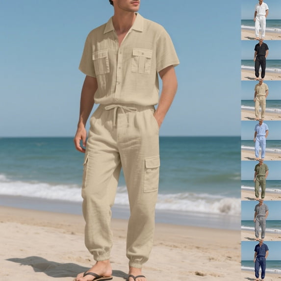 UVEASISHA Men Linen Outfit Sets 2 Piece Short Sleeve Button Down Shirt and Cargo Pants Set 2026 Fashion Beach Vacation Outfits with Pockets Army Green L