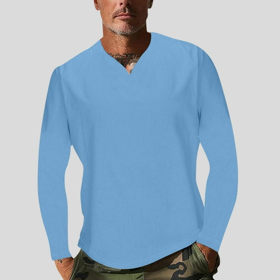 UVEASISHA Men Long Sleeve V Neck Tops Big and Tall Solid Casual Tee Shirt Lightweight Comfy Sport Training Tshirt Light Blue L