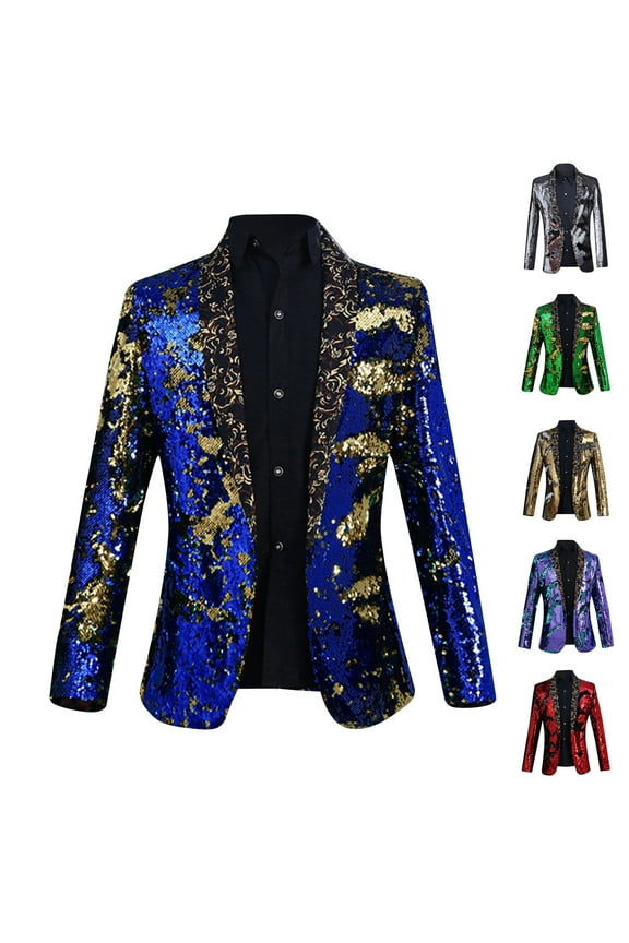 Men Party Blazer Jacket Sequin Slim Fit Stylish Tuxedo Hot Stamping Printed Single-breasted Suit Jackets for Dinner Prom Big Deal Days,Green,XL