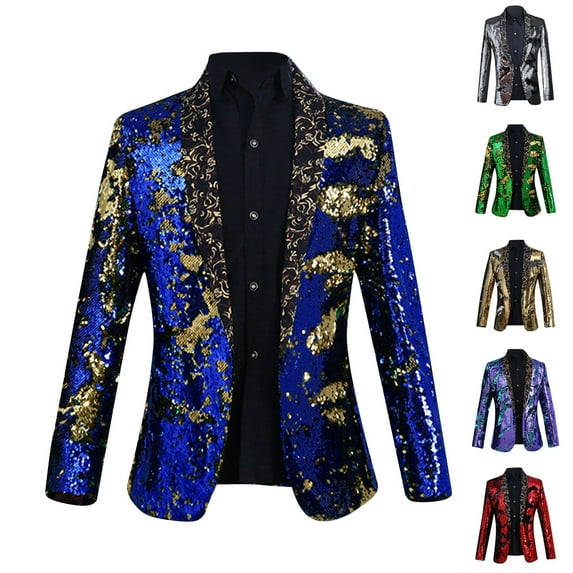 UVEASISHA Men Party Blazer Jacket Sequin Slim Fit Stylish Tuxedo Hot Stamping Printed Single-breasted Suit Jackets for Dinner Prom Sales Today,Green,L