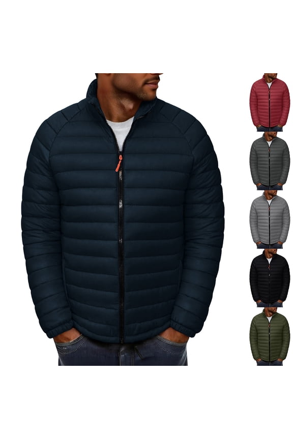 Men Puffer Jacket Packable Lightweight Quilted Jackets Full Zip Stand Collar Fashion Winter Coats Windproof lnsulated Ski Coat with Pockets Red S