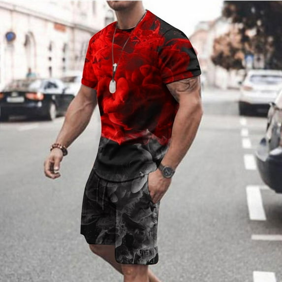 UVEASISHA Men Summer Shorts Set,Mens Tshirt and Shorts Set 2 Piece Outfits Casual Summer Tracksuits Set with Pocket Plus Size Sport Stylish Jogger Suit 2025 Red