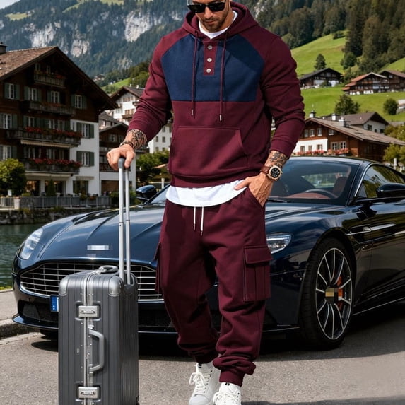 UVEASISHA Men Sweat Suit Sets Color Block Quarter Button Hoodie Cargo ...