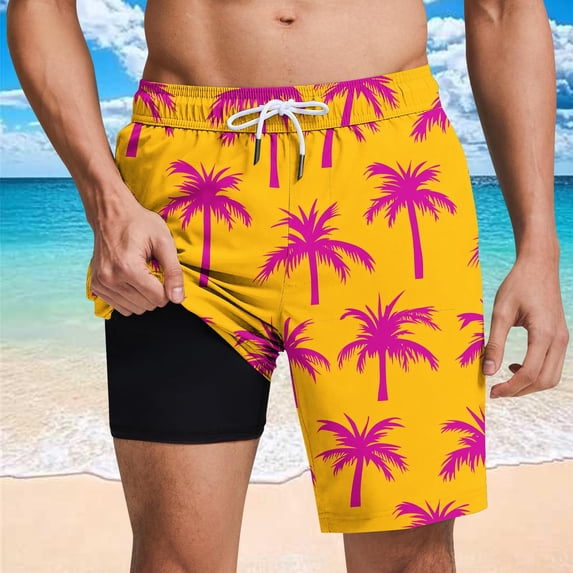 UVEASISHA Men Swimsuit Vacation Shorts with Liner Elastic Waist Drawstring Swim Trunks Quick Dry Sun Protection Board Shorts for Pool Water Sports Yellow S,M,L,XL,XXL