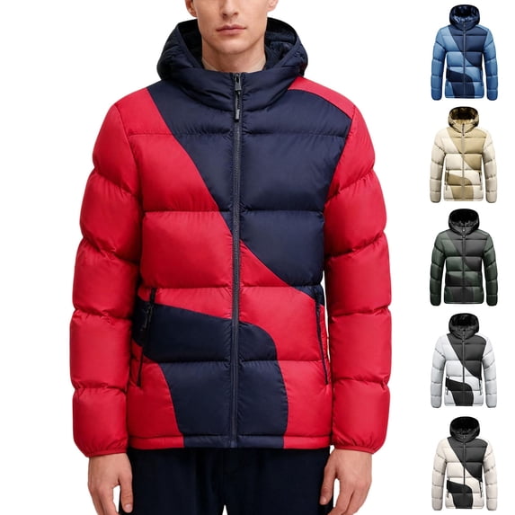 UVEASISHA Men Winter Coats Fashion Color Block Hooded Puffer Jackets Full Zip Windproof Insulated Down Coat Thick Warm Quilted Jacket with Pockets Army Green XXL